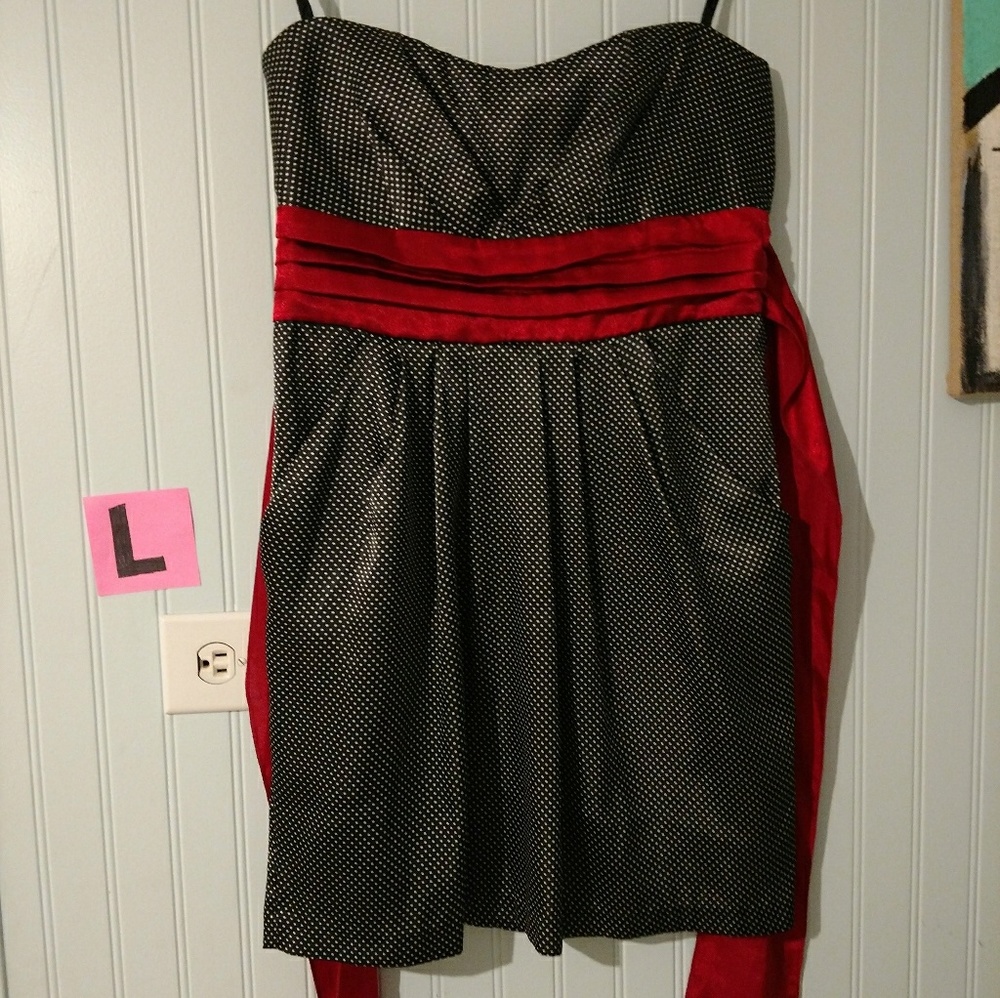 Strapless polka dot red sash dress. Large